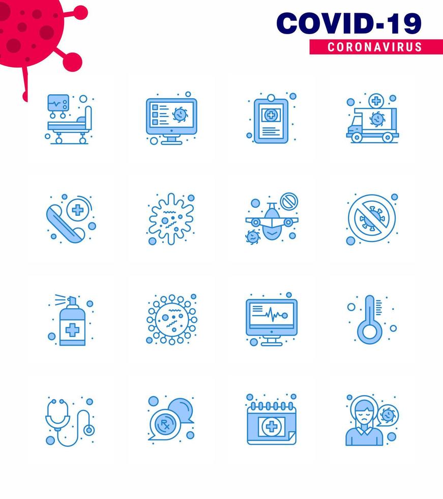 Coronavirus Prevention Set Icons 16 Blue icon such as call transportation clinical record medical ambulance viral coronavirus 2019nov disease Vector Design Elements