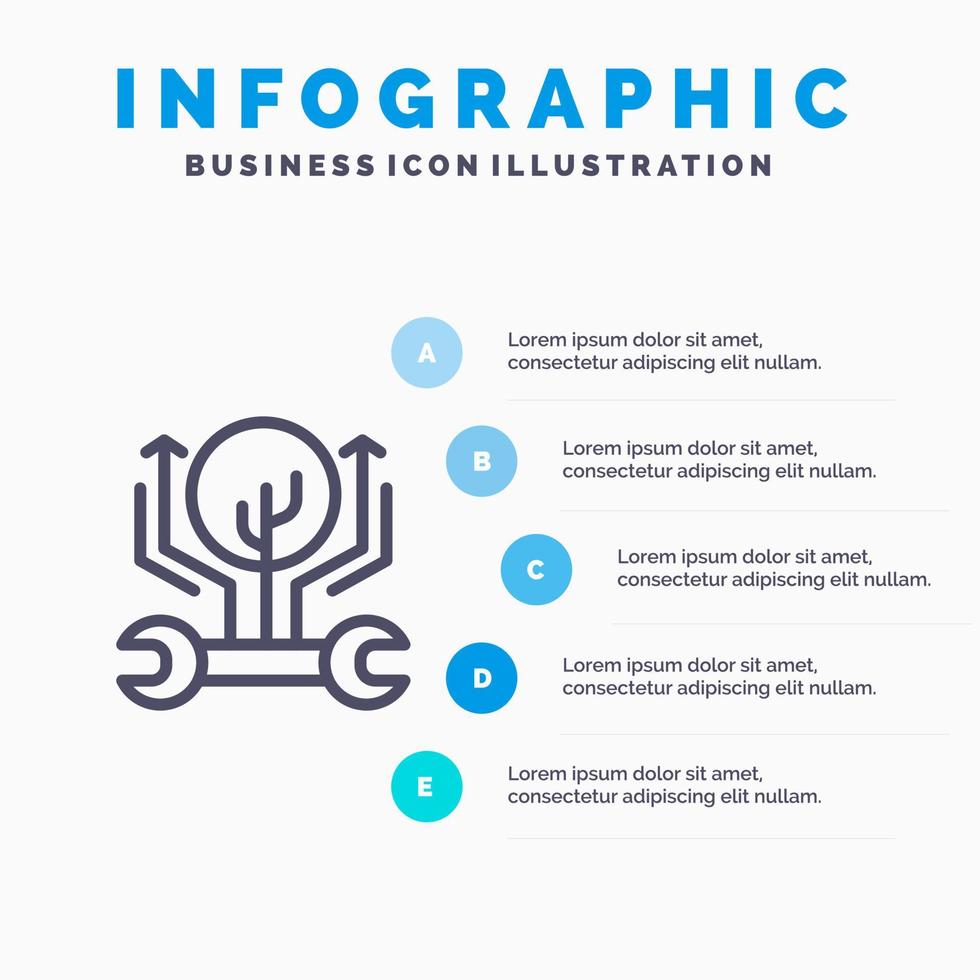 icono de línea de piratería de pirateo de crecimiento de ingeniería de desarrollo con fondo de infografía de presentación de 5 pasos vector