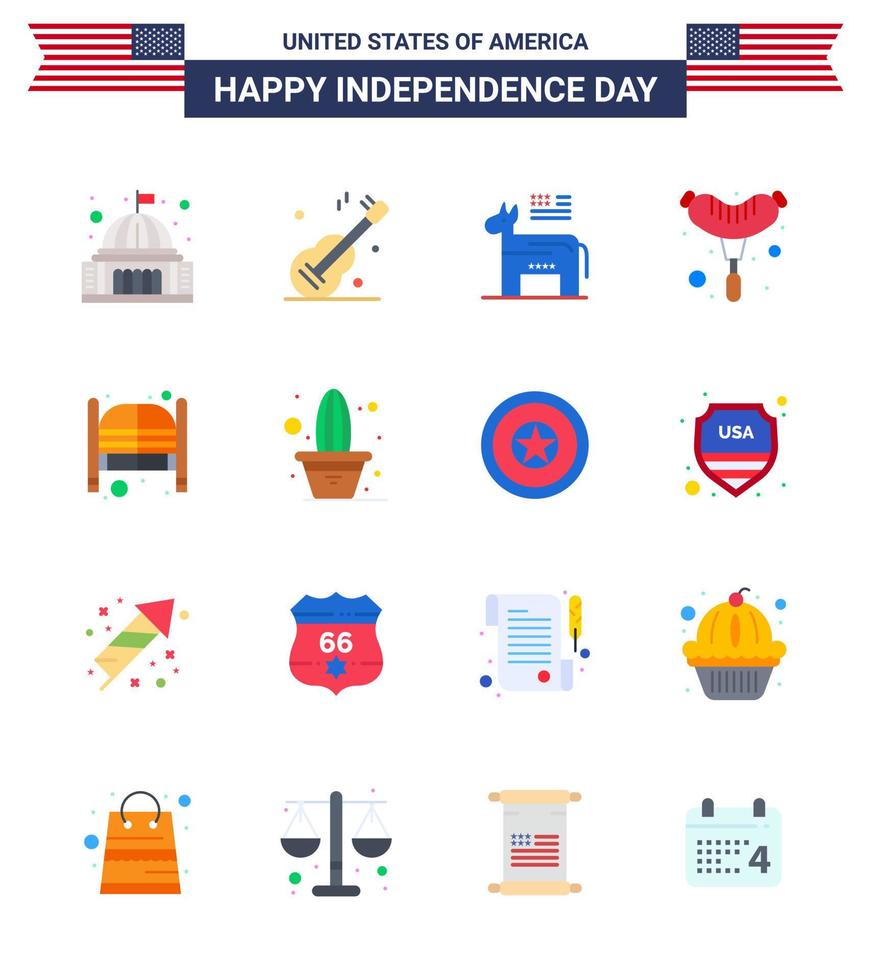 Pack of 16 creative USA Independence Day related Flats of doors sausage american frankfurter symbol Editable USA Day Vector Design Elements