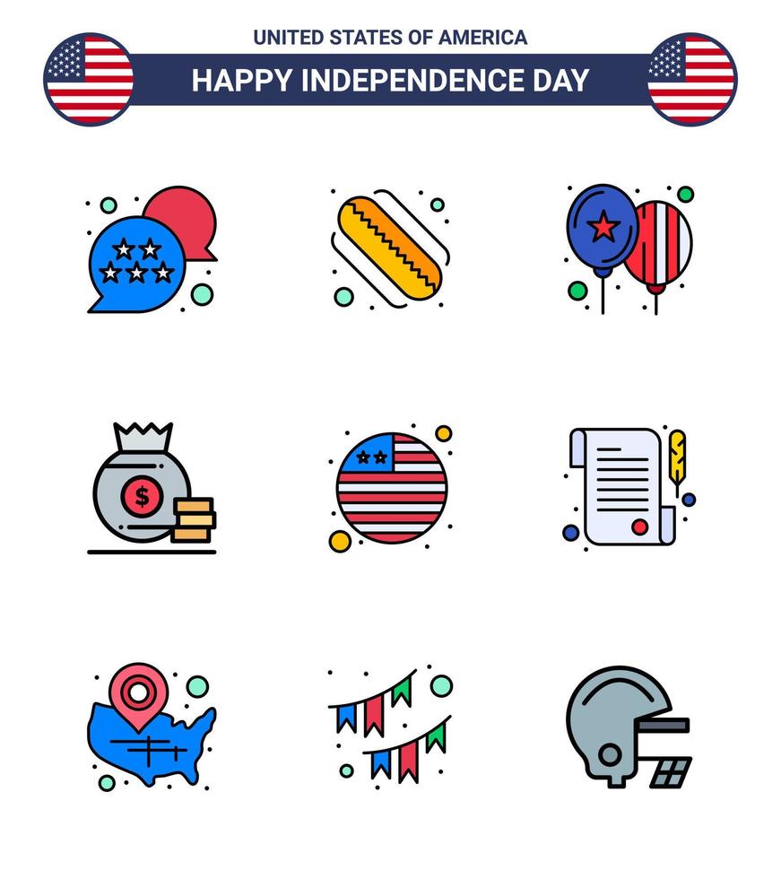 USA Happy Independence DayPictogram Set of 9 Simple Flat Filled Lines of international flag country celebrate american bag Editable USA Day Vector Design Elements