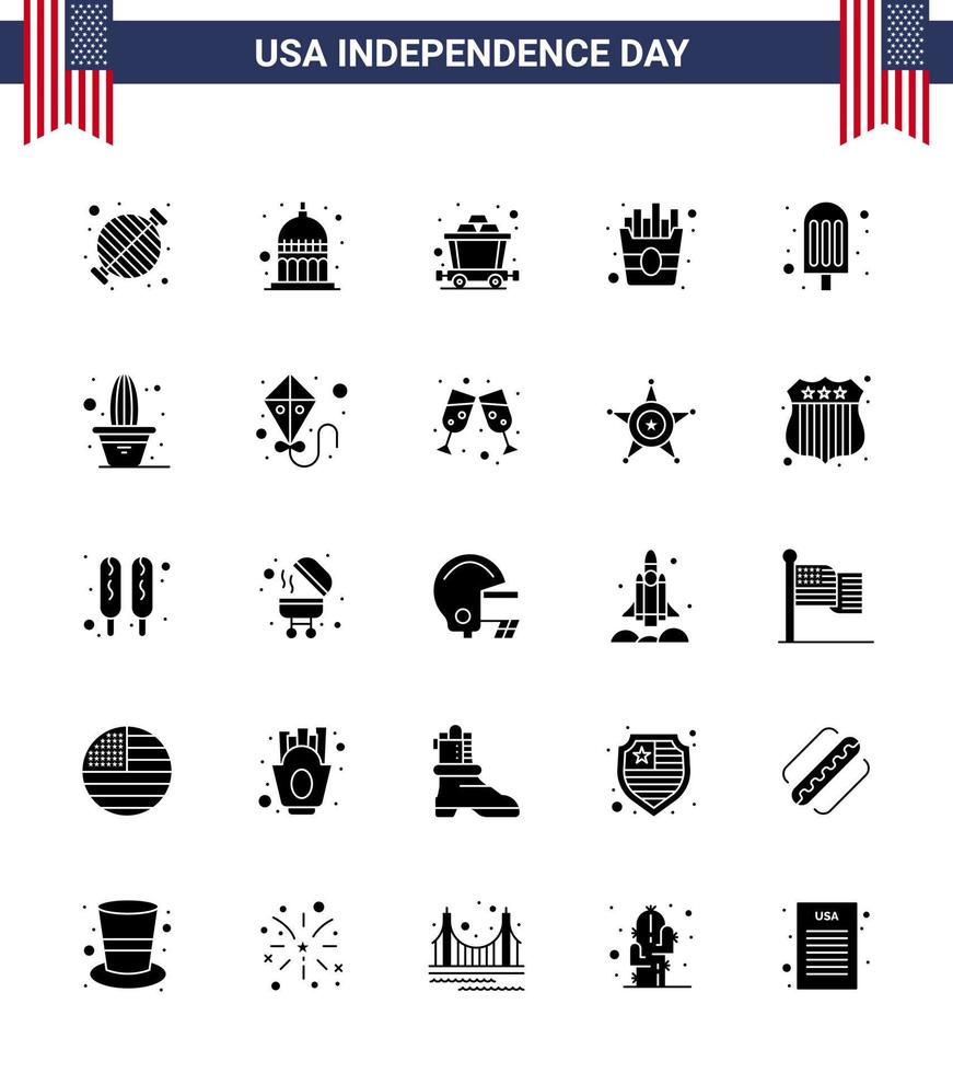 25 USA Solid Glyph Pack of Independence Day Signs and Symbols of ice cream cream usa fries fast Editable USA Day Vector Design Elements