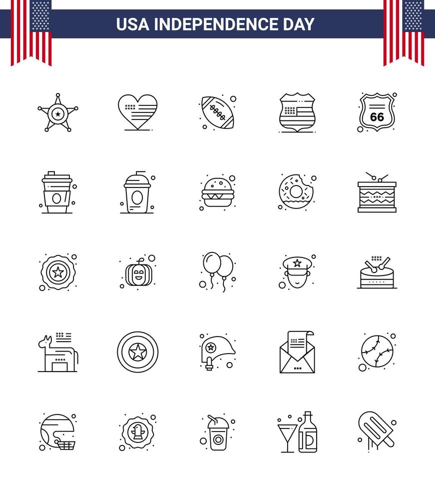 Set of 25 USA Day Icons American Symbols Independence Day Signs for shield security ball usa shield Editable USA Day Vector Design Elements