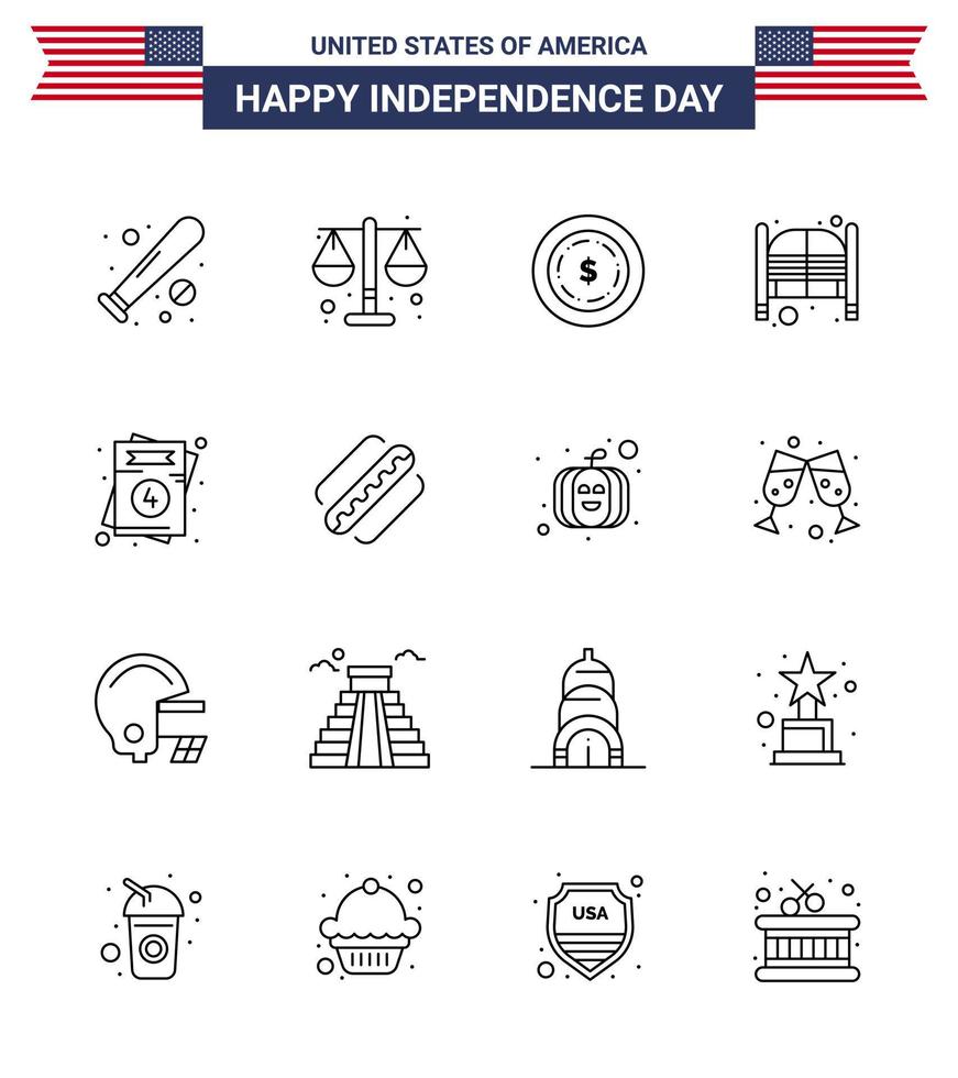 conjunto de 16 iconos del día de los ee.uu. símbolos americanos signos del día de la independencia para la barra de salón de la escala del día de la invitación elementos de diseño del vector del día de los ee.uu. editables