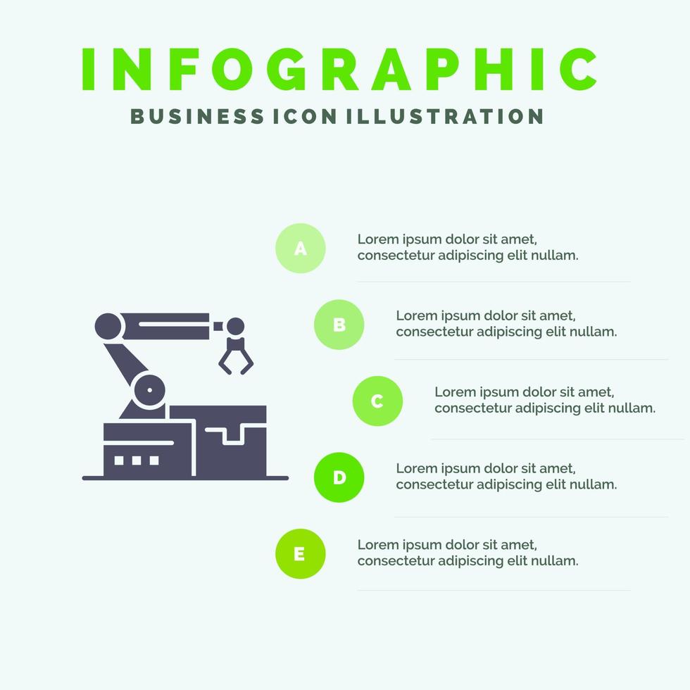 brazo robótico automatizado tecnología icono sólido infografía 5 pasos presentación antecedentes vector