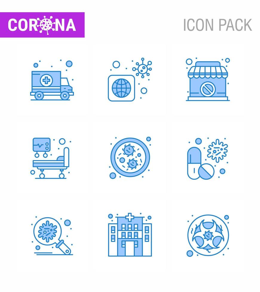 25 Coronavirus Emergency Iconset Blue Design such as virus bacteria closed medical treatment hospital bed viral coronavirus 2019nov disease Vector Design Elements