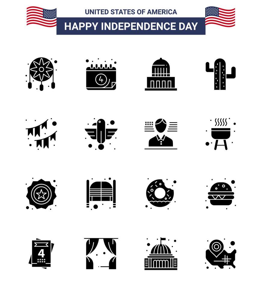 Editable Vector Solid Glyph Pack of USA Day 16 Simple Solid Glyphs of buntings american building plent cactus Editable USA Day Vector Design Elements