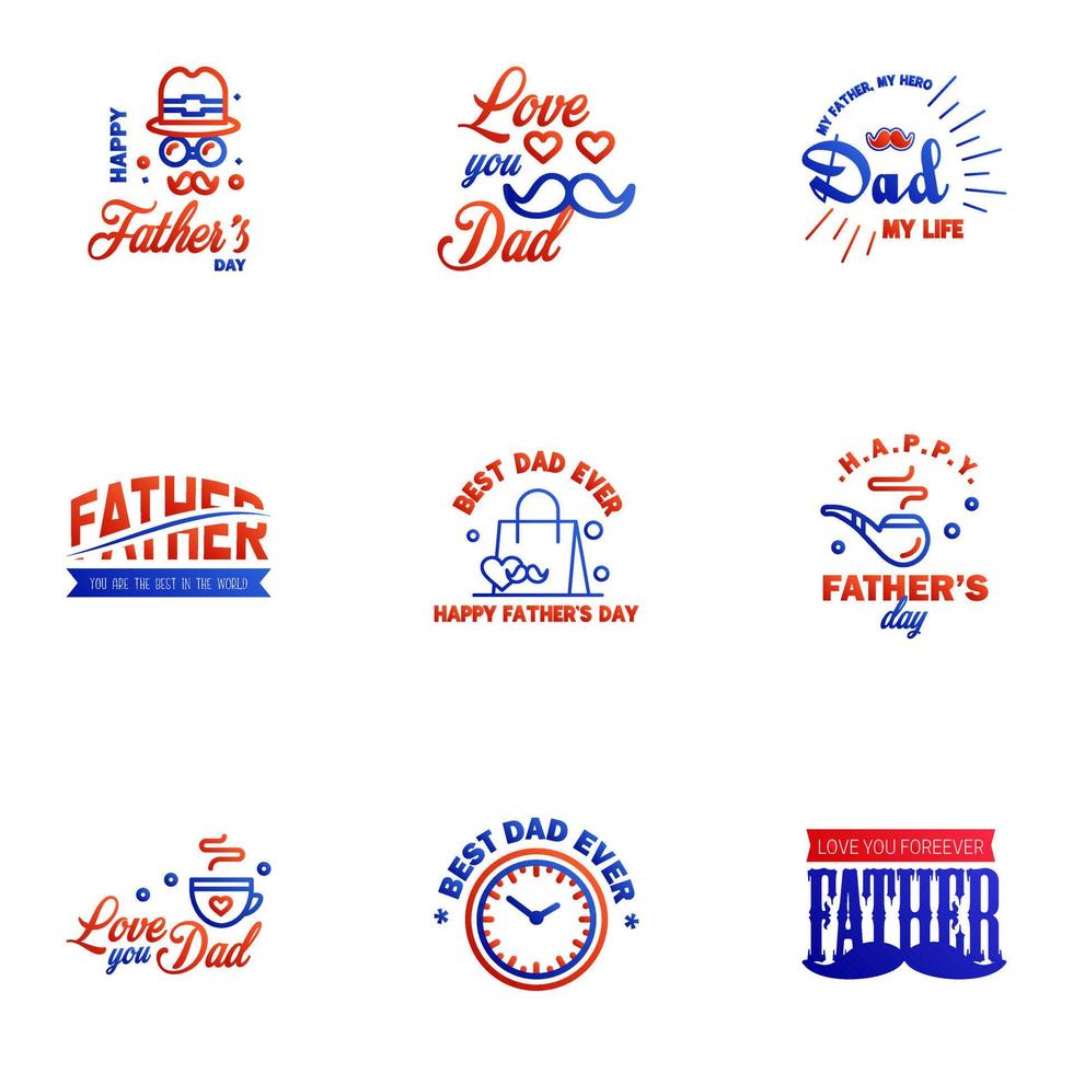 Happy fathers day greeting cards set 9 Blue and red Vector typography lettering Usable for banners print You are the best dad text design Editable Vector Design Elements