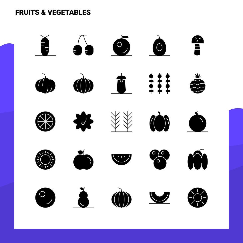 25 conjunto de iconos de frutas y verduras plantilla de ilustración de vector de icono de glifo sólido para ideas web y móviles para empresa comercial