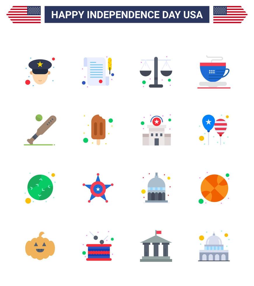 grupo de 16 pisos establecidos para el día de la independencia de los estados unidos de américa, como el café de béisbol de la ley de murciélagos de estados unidos, elementos de diseño vectorial editables del día de estados unidos vector