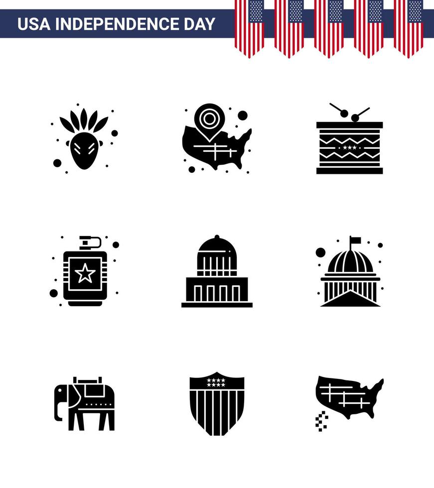 9 USA Solid Glyph Signs Independence Day Celebration Symbols of liquid flask drum drink st Editable USA Day Vector Design Elements