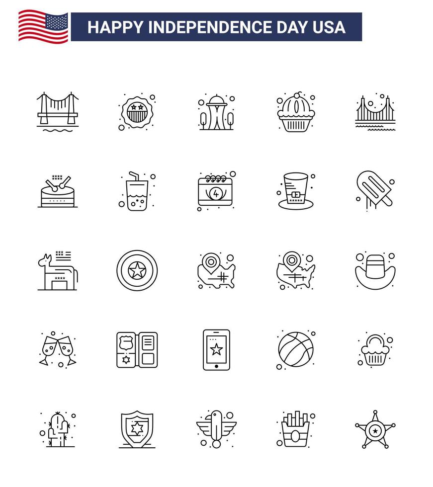 25 USA Line Pack of Independence Day Signs and Symbols of gate cake building states american Editable USA Day Vector Design Elements