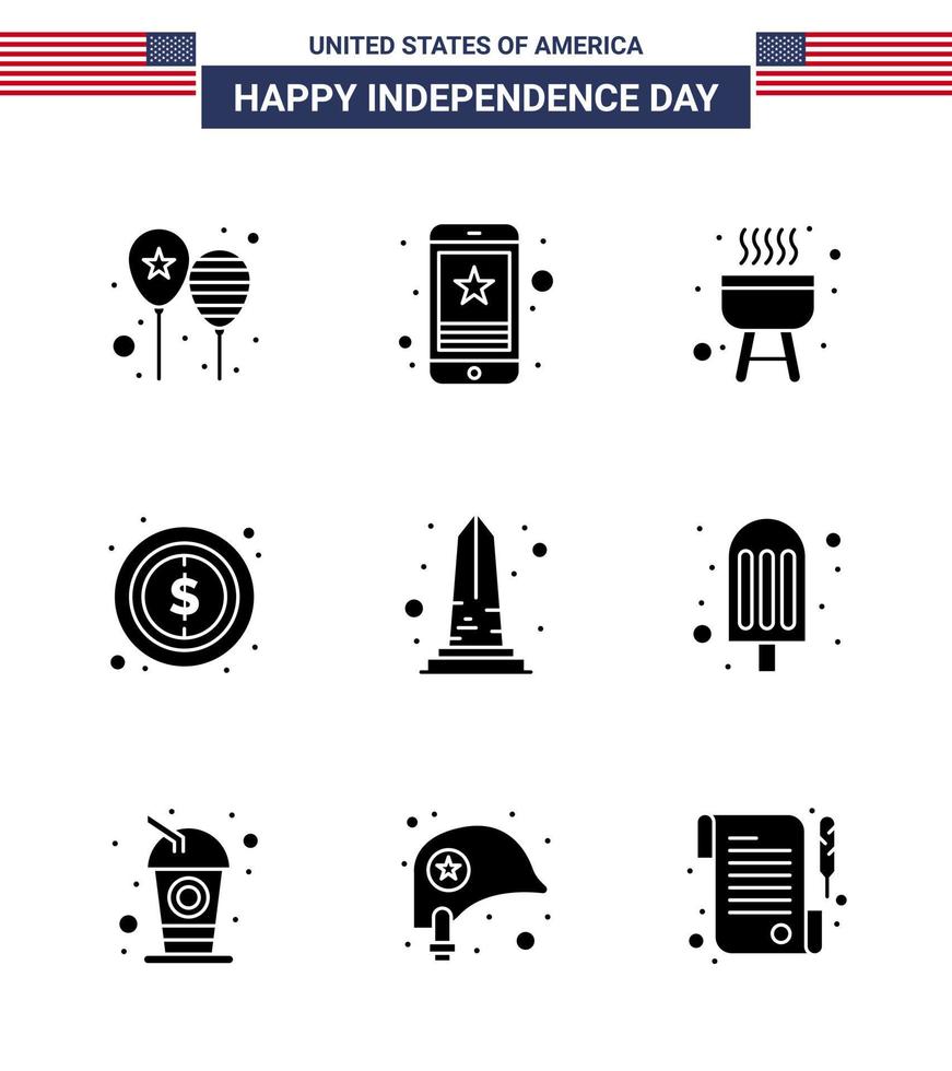 usa feliz día de la independencia pictograma conjunto de 9 glifos sólidos simples de hito dólar dinero móvil cocinero editable usa día elementos de diseño vectorial vector