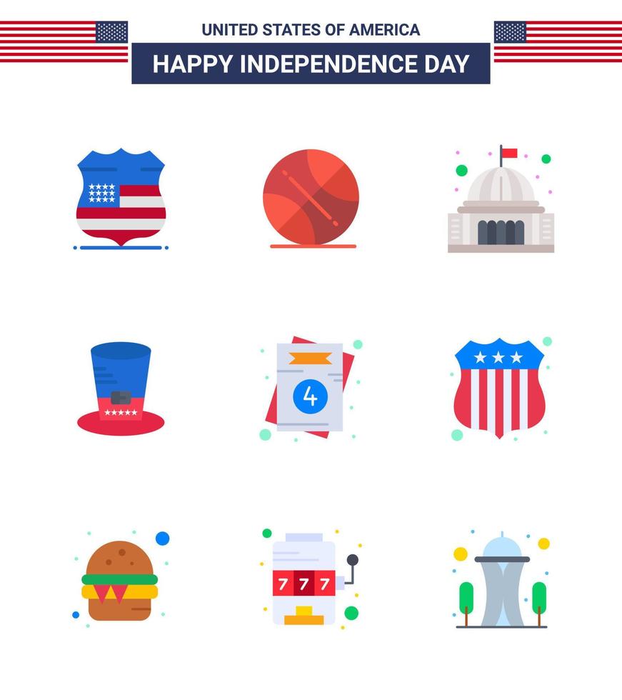 Happy Independence Day 9 Flats Icon Pack for Web and Print invitation presidents place hat white Editable USA Day Vector Design Elements