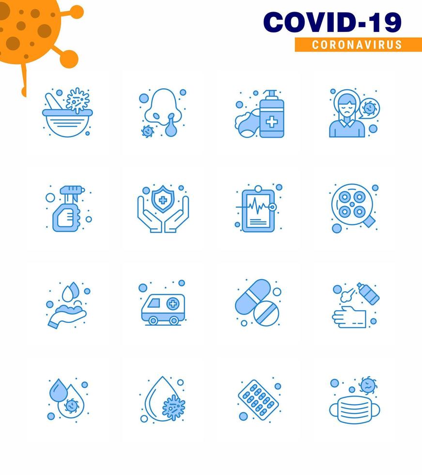 16 Blue viral Virus corona icon pack such as cleaning sick soap pain head viral coronavirus 2019nov disease Vector Design Elements