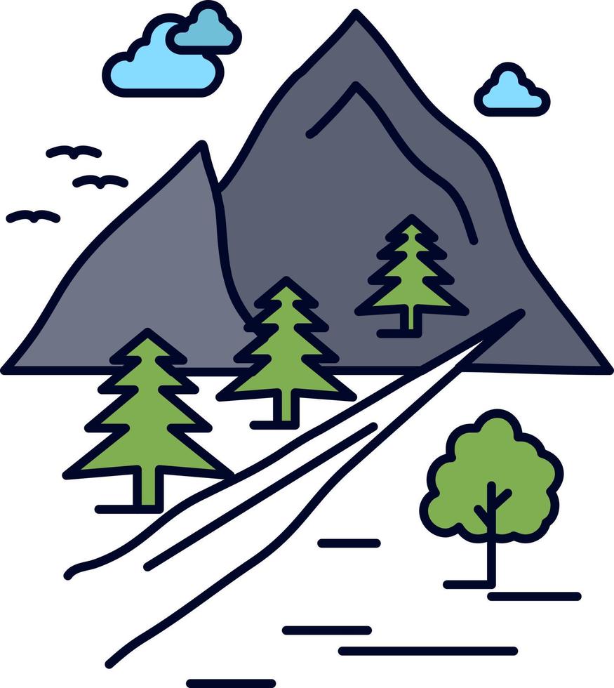 rocas árbol colina montaña naturaleza plano color icono vector