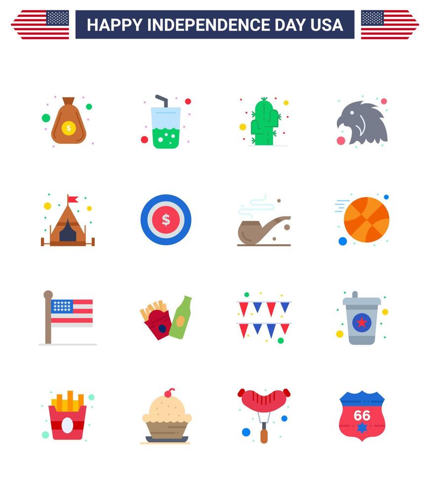 USA Independence Day Flat Set of 16 USA Pictograms of tent camp cactus eagle animal Editable USA Day Vector Design Elements
