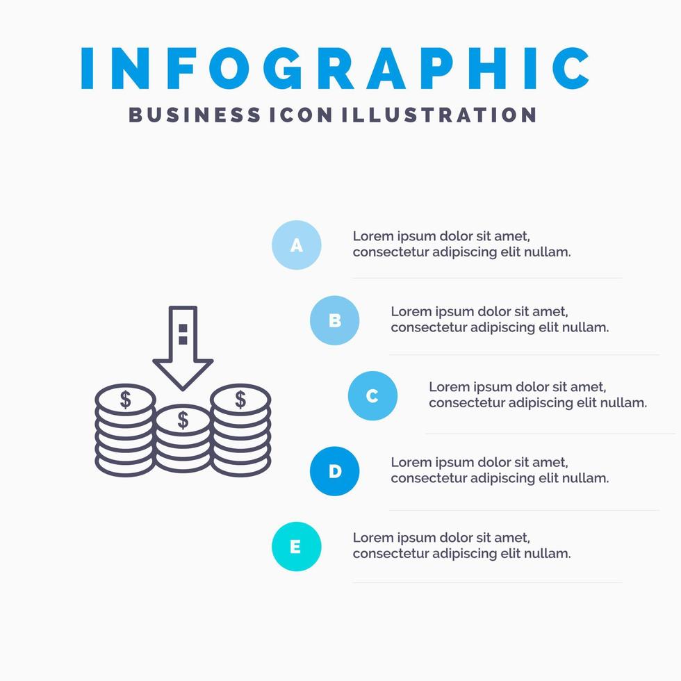 icono de línea de flecha hacia abajo de dinero en efectivo de monedas con fondo de infografía de presentación de 5 pasos vector