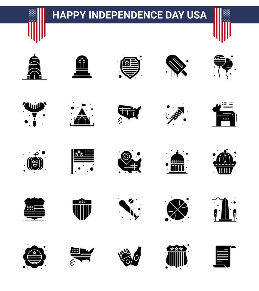 Big Pack of 25 USA Happy Independence Day USA Vector Solid Glyph and Editable Symbols of american bloons protection bloon american Editable USA Day Vector Design Elements