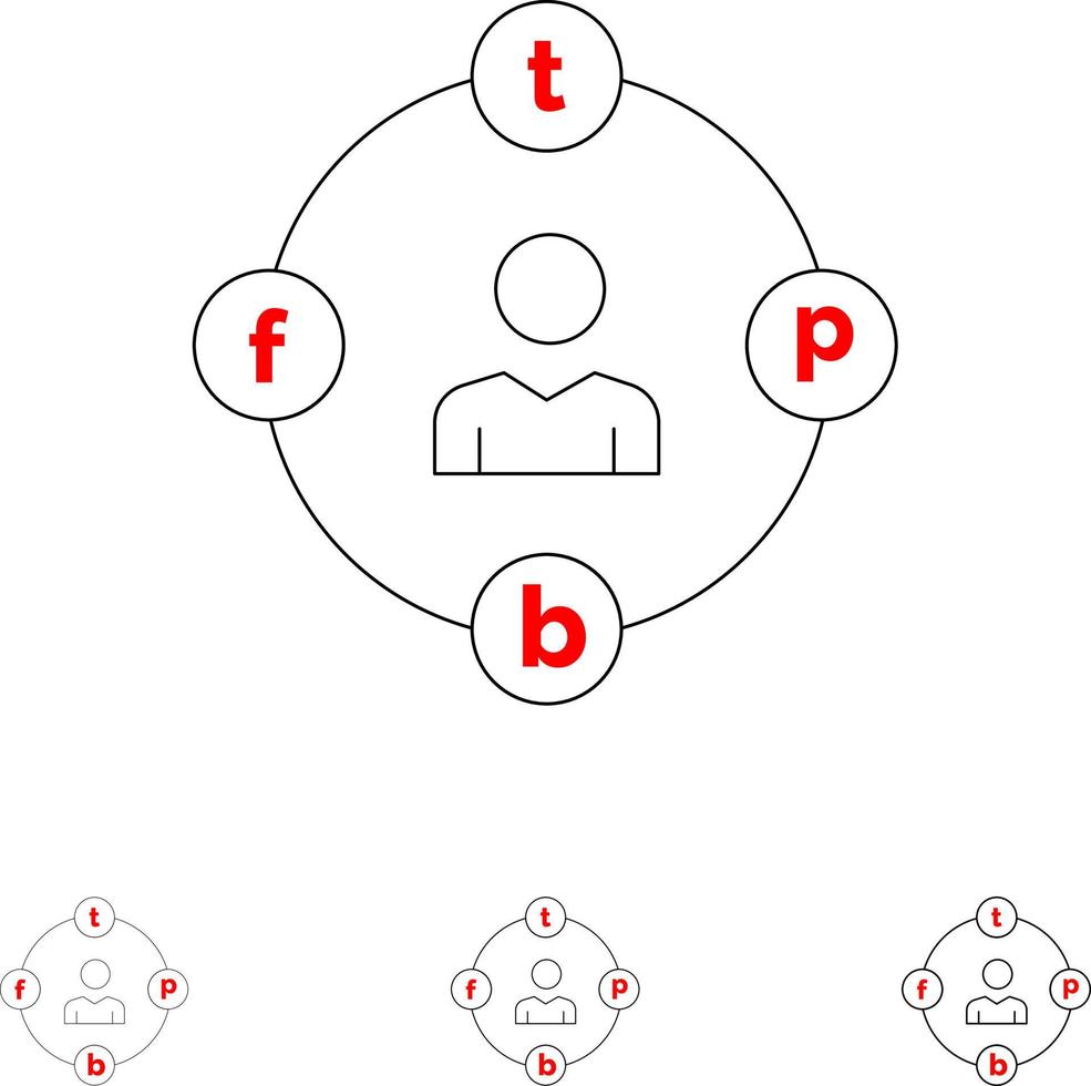 distracciones de comunicación en redes sociales procrastinación de medios conjunto de iconos de línea negra en negrita y delgada vector