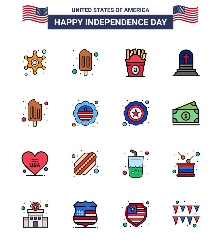 paquete de feliz día de la independencia de 16 líneas planas llenas de signos y símbolos para alimentos comida rápida fría rip grave elementos de diseño vectorial del día de estados unidos editables vector