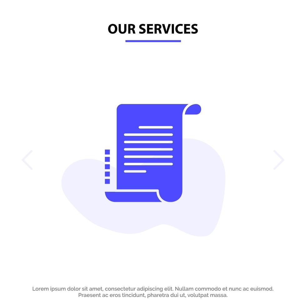 Our Services Decree Novel Scenario Screenplay Solid Glyph Icon Web card Template vector