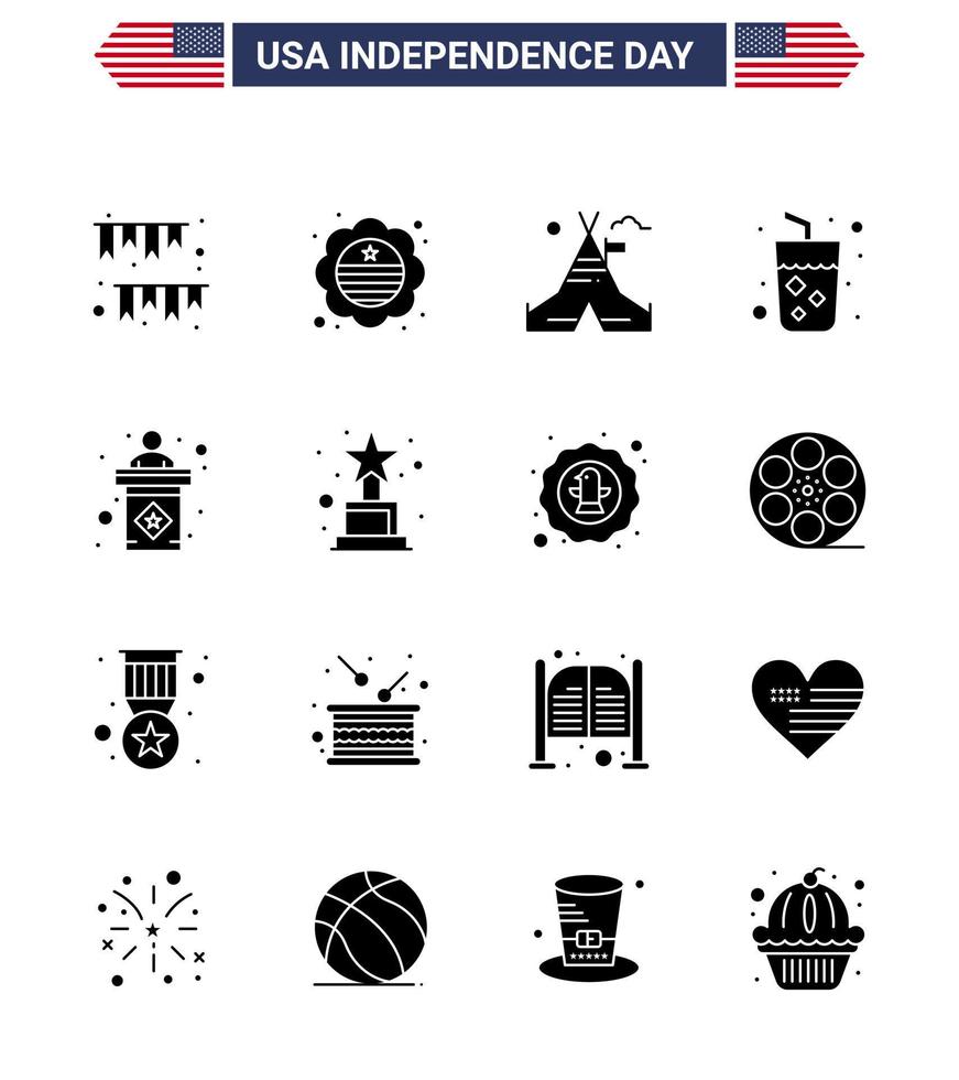 16 USA Solid Glyph Signs Independence Day Celebration Symbols of usa juice badge drink american Editable USA Day Vector Design Elements
