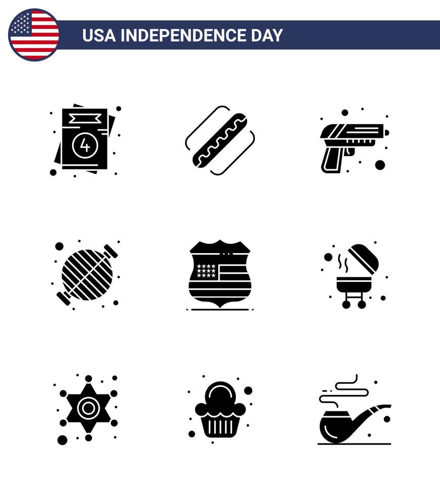 grupo de 9 glifos sólidos establecidos para el día de la independencia de los estados unidos de américa, como escudo parrilla pistola barbacoa comida editable día de estados unidos elementos de diseño vectorial vector