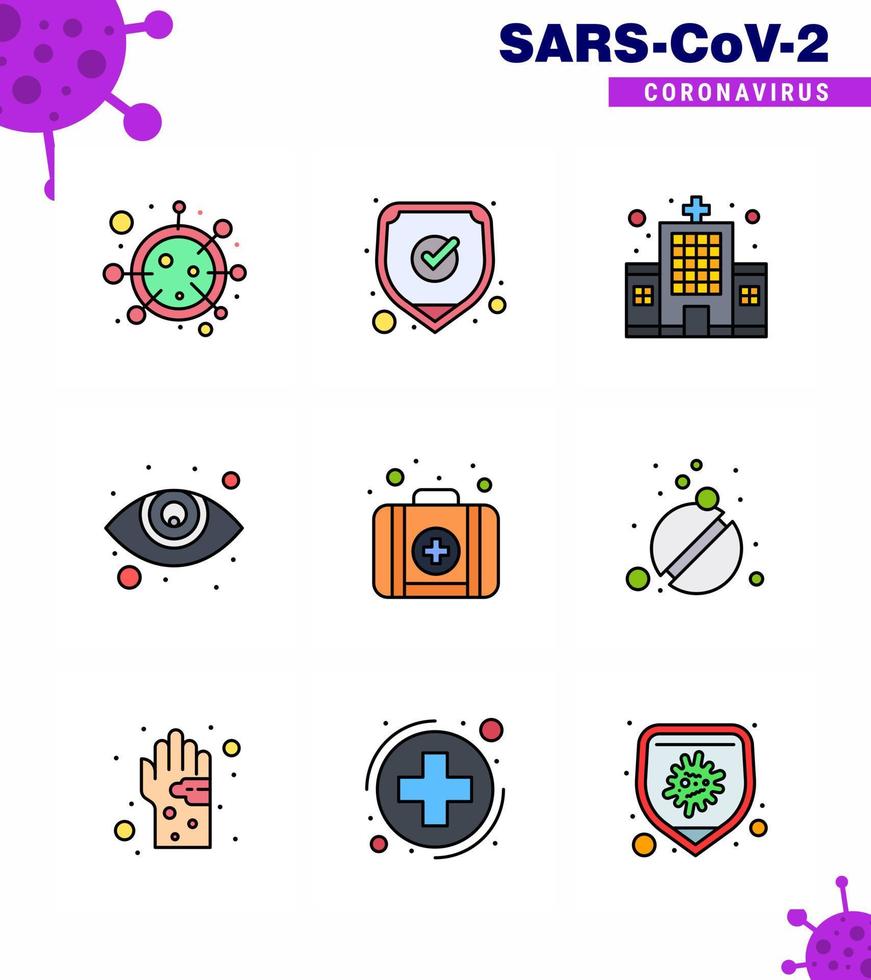 Coronavirus Precaution Tips icon for healthcare guidelines presentation 9 Filled Line Flat Color icon pack such as kit ophthalmology shield eyesight hospital viral coronavirus 2019nov disease Vec vector