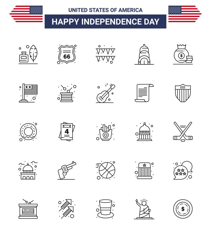 4th July USA Happy Independence Day Icon Symbols Group of 25 Modern Lines of american bag festival dollar building Editable USA Day Vector Design Elements