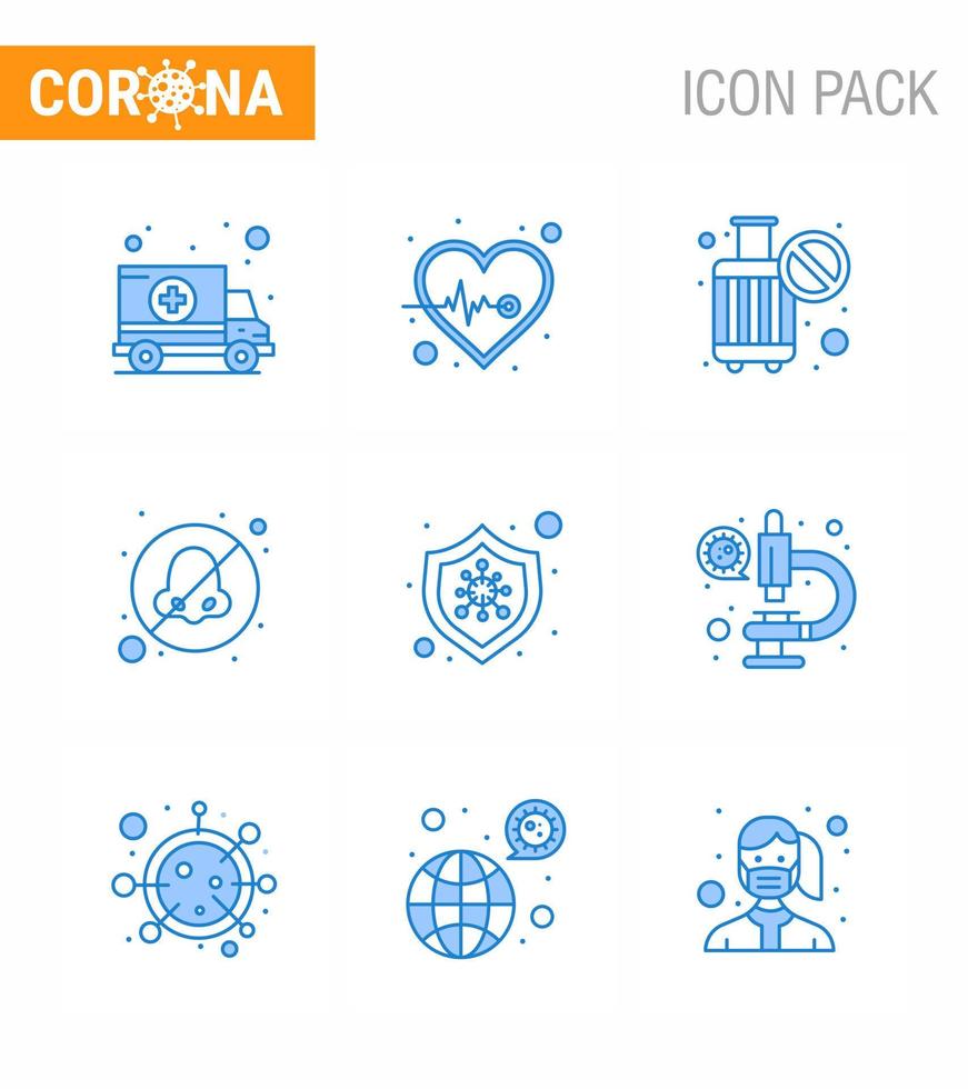 CORONAVIRUS 9 Blue Icon set on the theme of Corona epidemic contains icons such as protection avoid ban otolaryngologist breathe viral coronavirus 2019nov disease Vector Design Elements