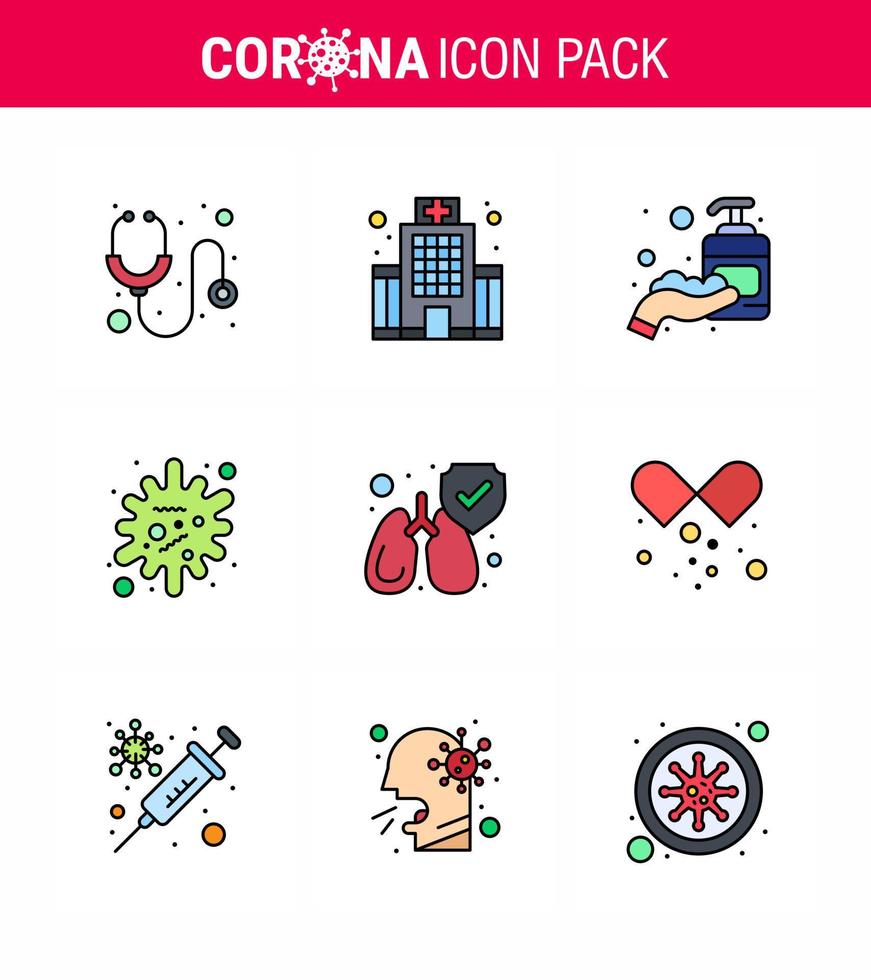 Corona virus 2019 and 2020 epidemic 9 Filled Line Flat Color icon pack such as lungs infection corona epidemic antigen viral coronavirus 2019nov disease Vector Design Elements