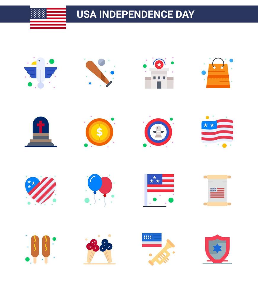 feliz día de la independencia paquete de iconos de 16 pisos para web y tienda de impresión dinero bolsa de deportes estación elementos de diseño vectorial editables del día de estados unidos vector