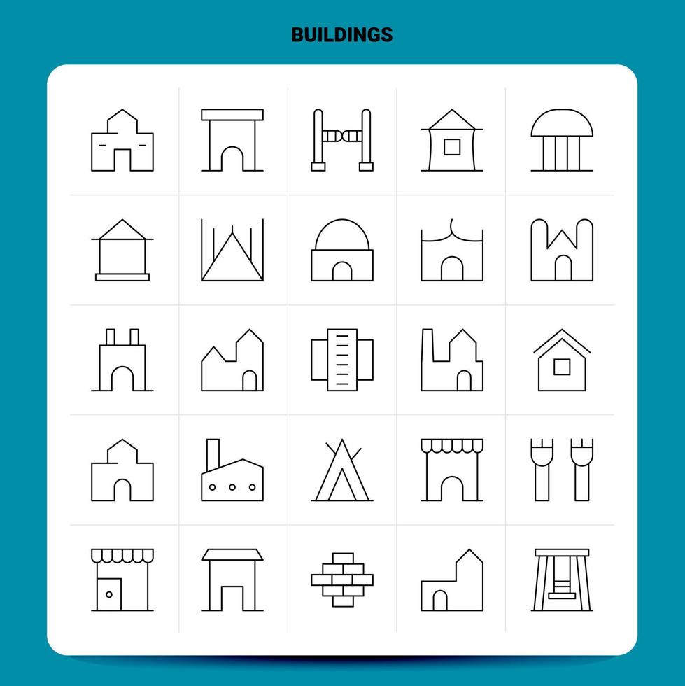 OutLine 25 Buildings Icon set Vector Line Style Design Black Icons Set Linear pictogram pack Web and Mobile Business ideas design Vector Illustration
