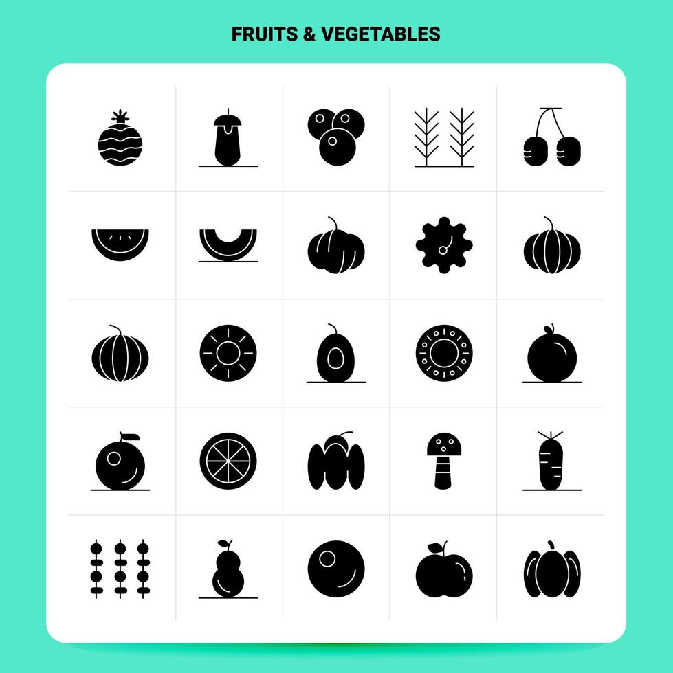 Solid 25 Fruits Vegetables Icon set Vector Glyph Style Design Black Icons Set Web and Mobile Business ideas design Vector Illustration