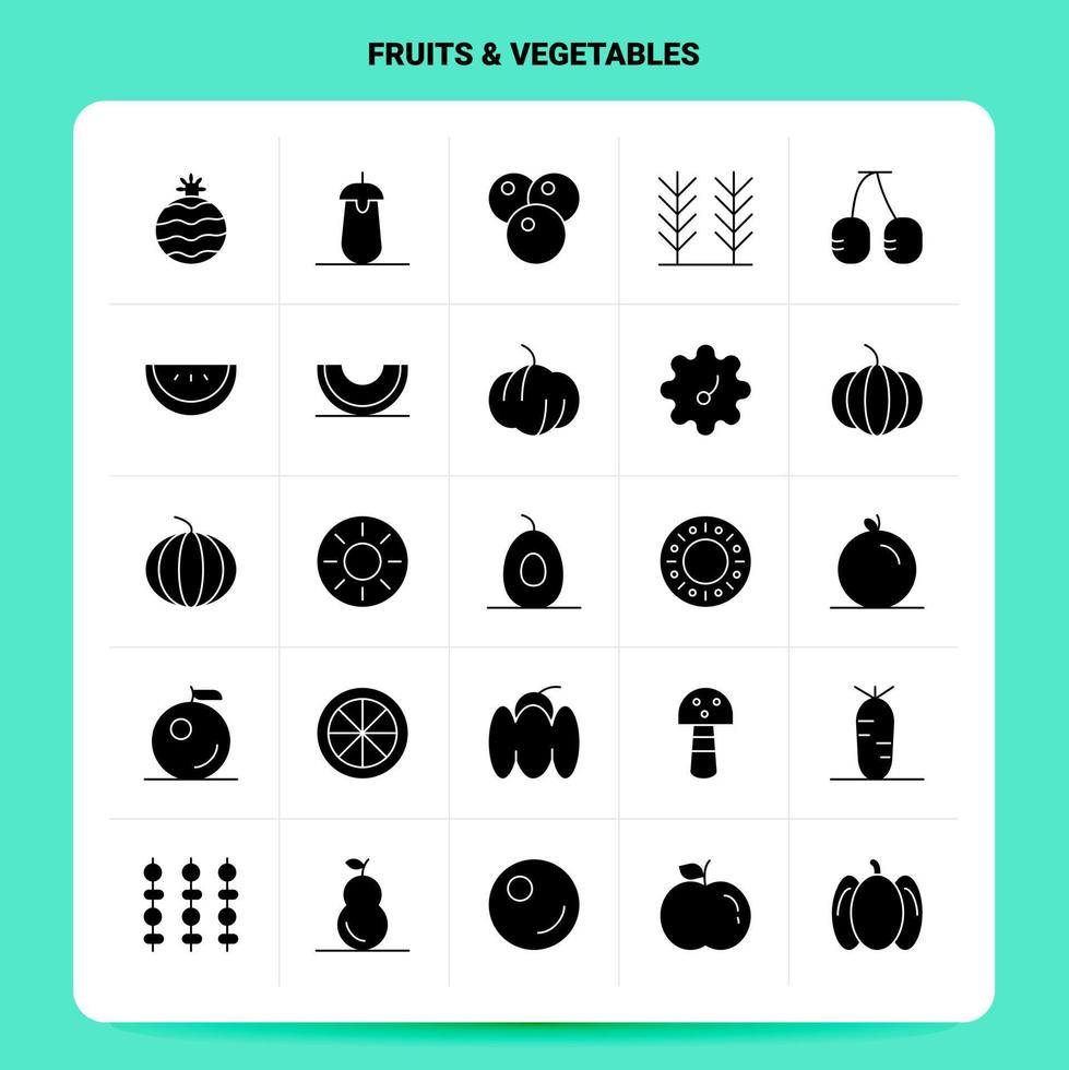 conjunto de iconos de 25 frutas y verduras sólidas diseño de estilo de glifo vectorial conjunto de iconos negros diseño de ideas de negocios web y móvil ilustración vectorial vector