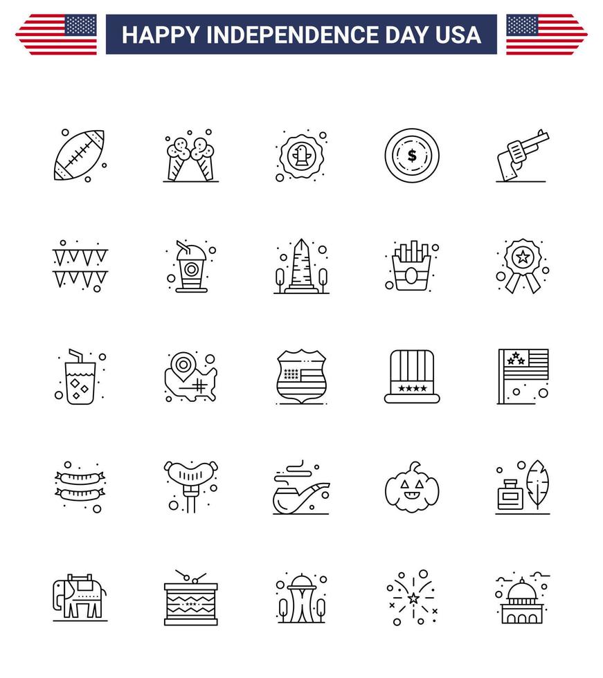 Set of 25 Modern Lines pack on USA Independence Day hand maony american dollar badge Editable USA Day Vector Design Elements