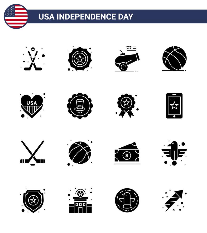 Editable Vector Solid Glyph Pack of USA Day 16 Simple Solid Glyphs of heart usa big gun american football Editable USA Day Vector Design Elements