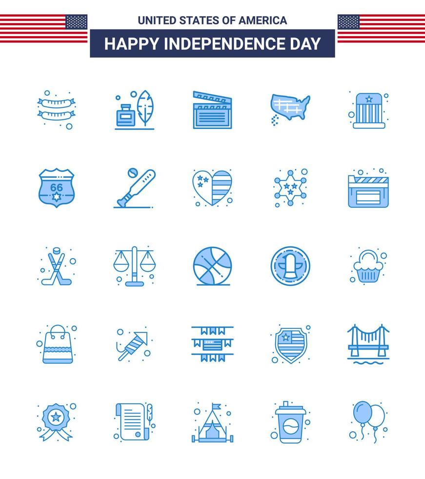 Happy Independence Day 4th July Set of 25 Blues American Pictograph of kids circus movis usa states Editable USA Day Vector Design Elements