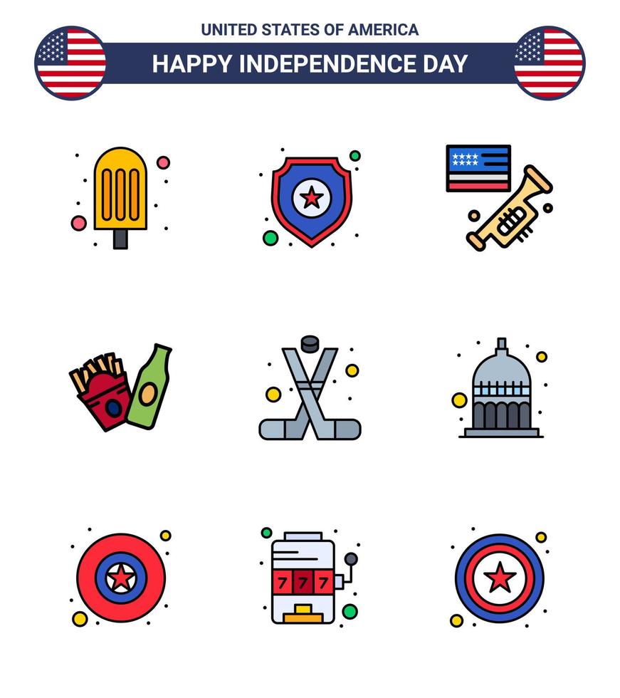 9 señales de línea llenas planas para el día de la independencia de EE. UU. Elementos de diseño de vector de día de EE. UU.