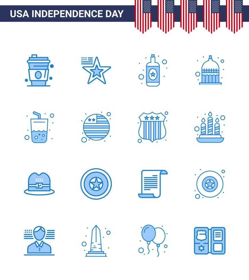 Stock Vector Icon Pack of American Day 16 Line Signs and Symbols for summer glass alcohol usa indianapolis Editable USA Day Vector Design Elements