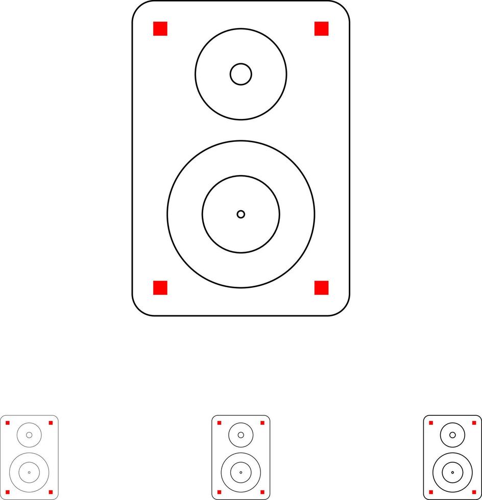 audio wifi altavoz monitor profesional negrita y delgada línea negra conjunto de iconos vector