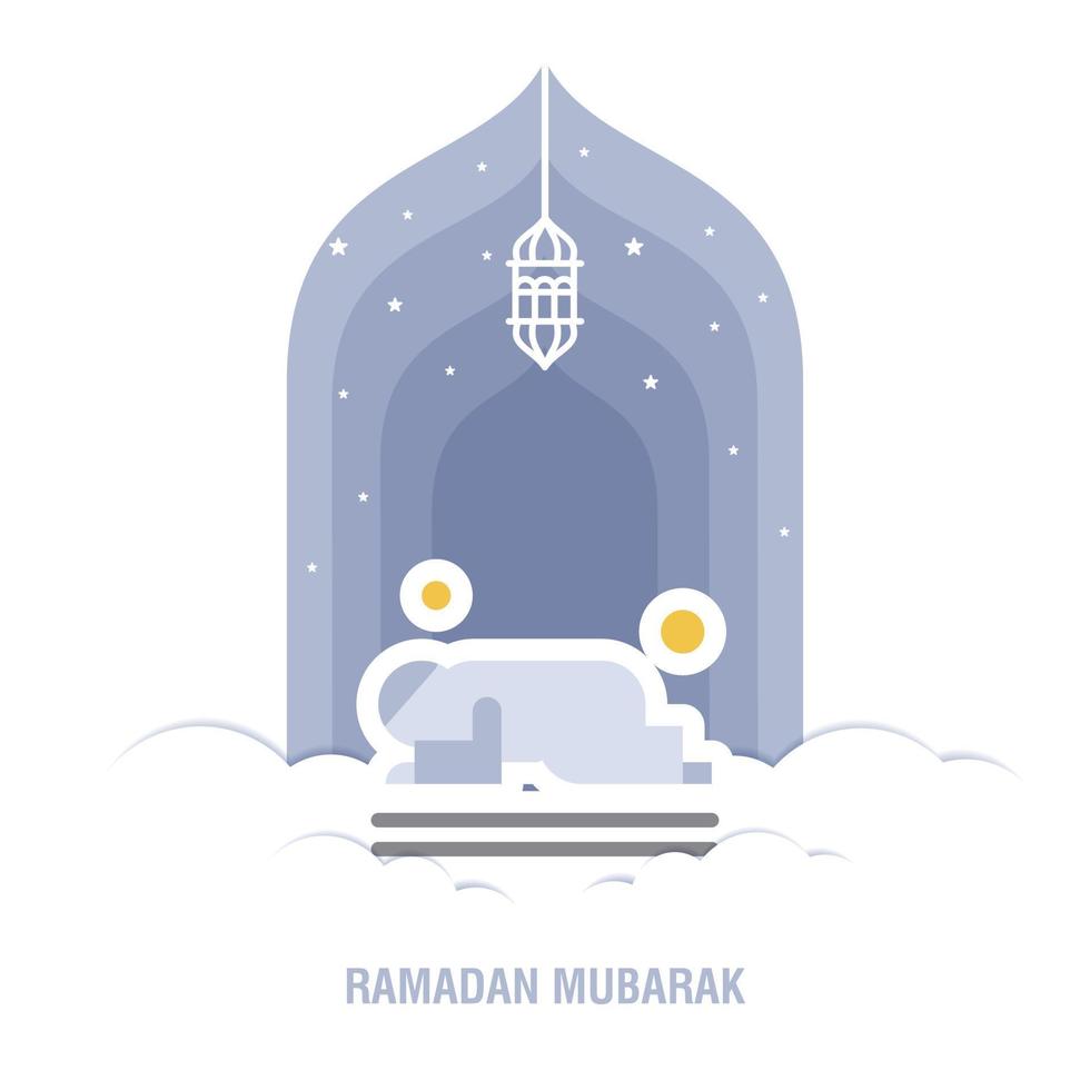 ramadan kareem diseño islámico luna creciente y silueta de cúpula de mezquita con patrón árabe y caligrafía vector