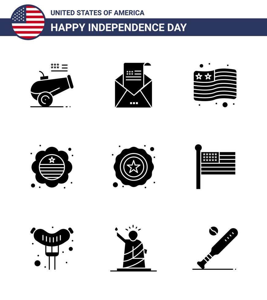 Big Pack of 9 USA Happy Independence Day USA Vector Solid Glyphs and Editable Symbols of star badge mail international flag country Editable USA Day Vector Design Elements