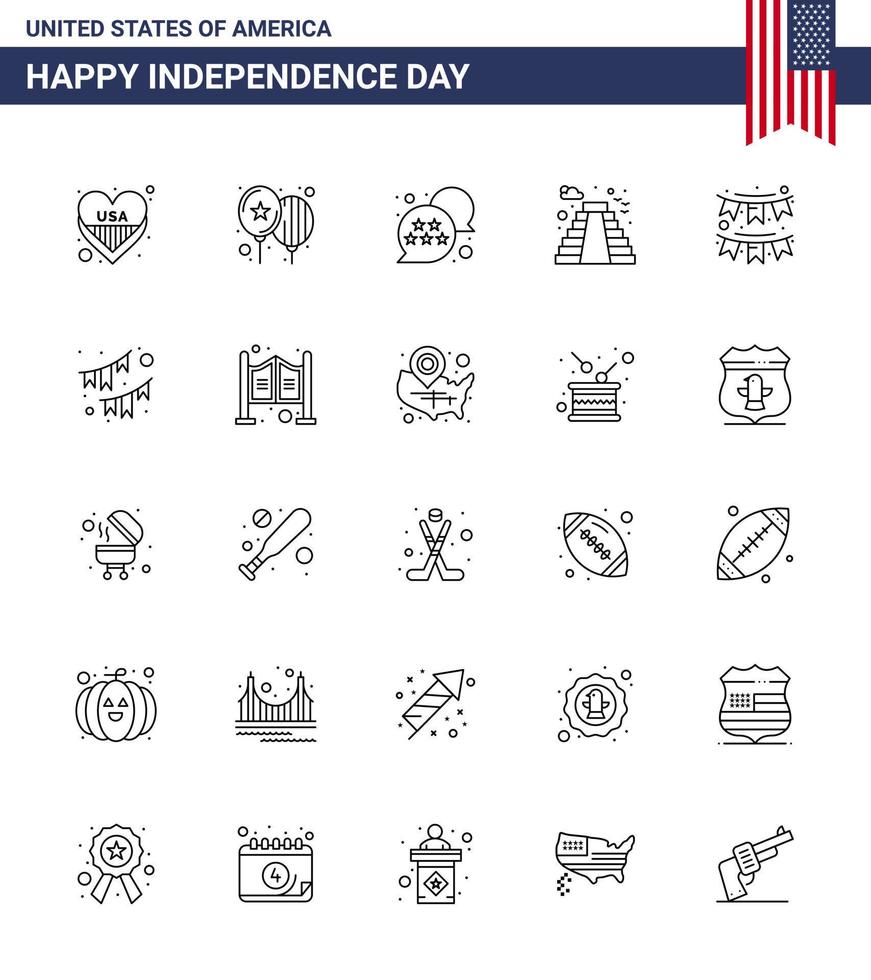 25 señales de línea para los empavesados del día de la independencia de EE. UU. Punto de referencia de la bandera de EE. UU. Elementos de diseño vectorial editables del día de EE. UU. vector