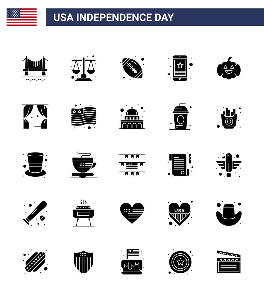 Set of 25 Modern Solid Glyph pack on USA Independence Day pumkin mobile ball smart phone cell Editable USA Day Vector Design Elements