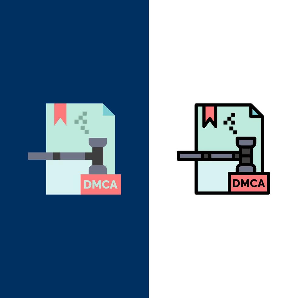 iconos de archivos dmca digitales de derechos de autor comerciales planos y rellenos de línea conjunto de iconos vector fondo azul