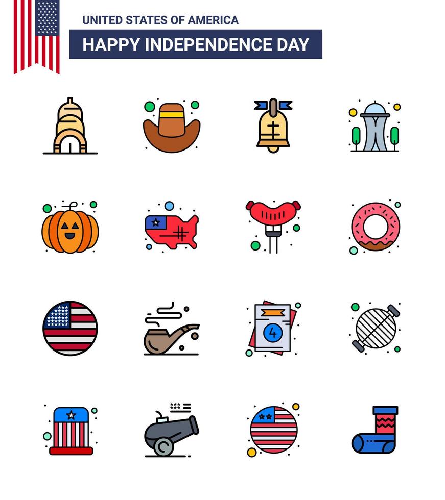 conjunto de 16 líneas llenas planas modernas en el mapa del día de la independencia de estados unidos aguja de comida americana de calabaza elementos de diseño vectorial editables del día de estados unidos vector