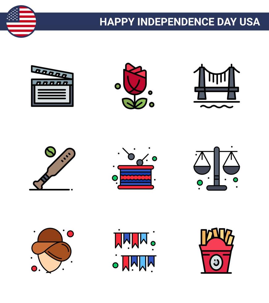 USA Happy Independence DayPictogram Set of 9 Simple Flat Filled Lines of day sports bridge bat ball Editable USA Day Vector Design Elements
