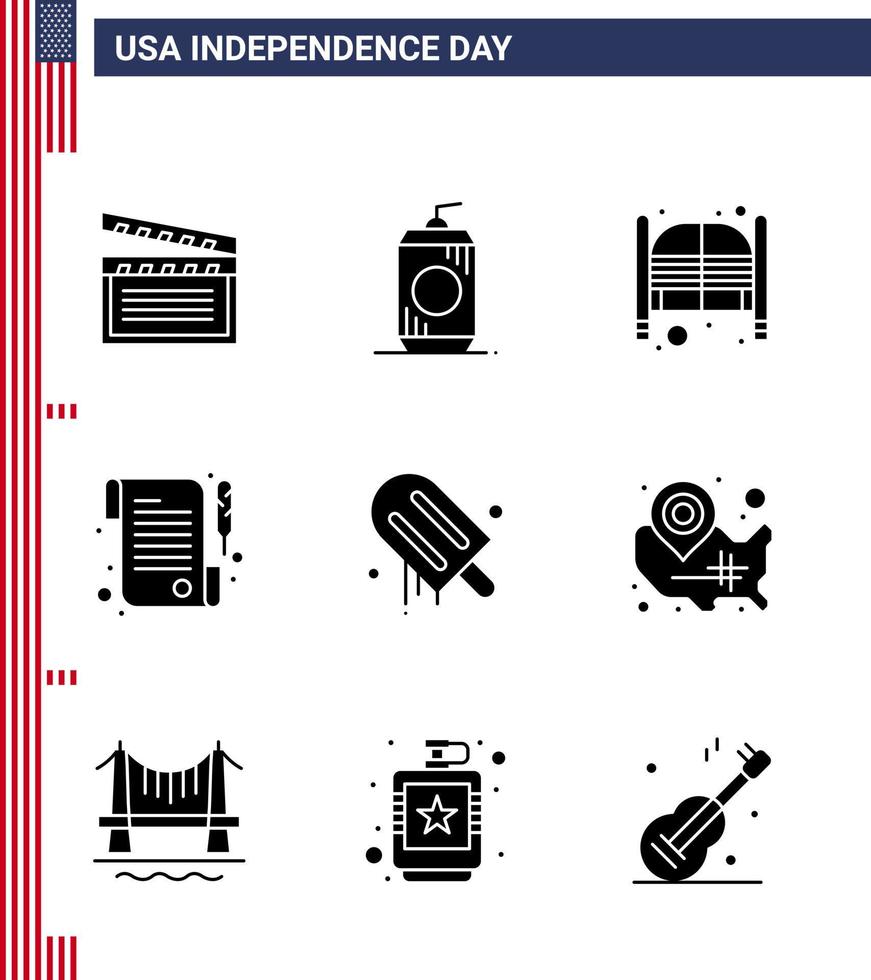 9 signos de glifo sólido de EE. UU. Símbolos de celebración del día de la independencia de la entrada de recibo de barra de día de crema Elementos de diseño de vector de día de EE. UU. editables