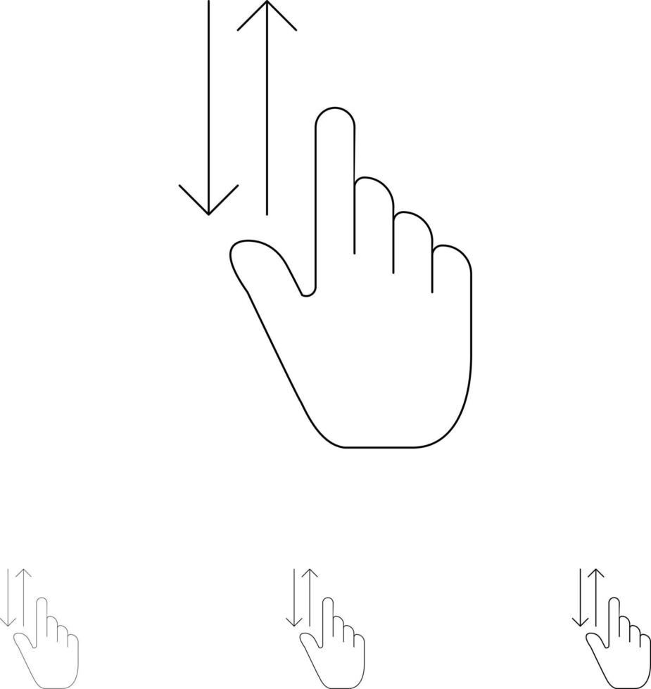 gestos con los dedos mano arriba abajo negrita y delgada línea negra conjunto de iconos vector